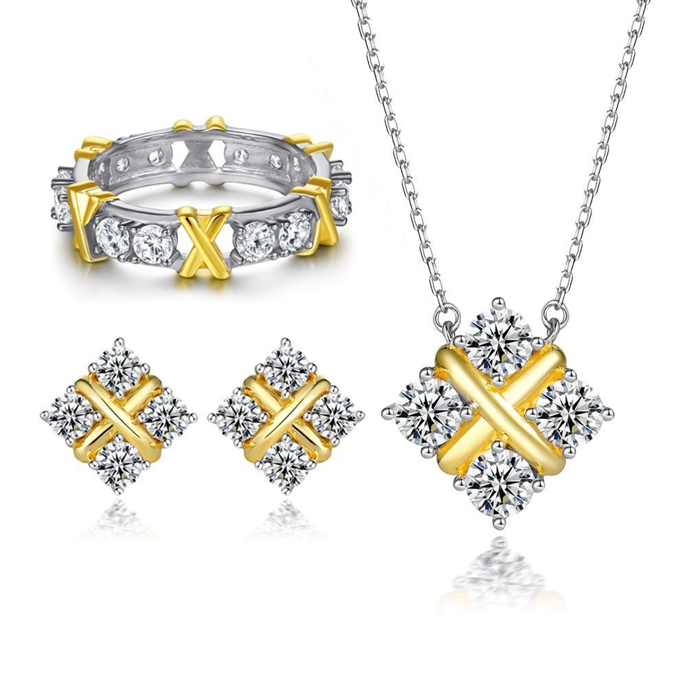 S925 sterling silver jewelry set full circle zircon ring earrings simple pendant necklace color plating jewelry
