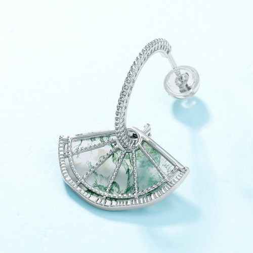 S925 sterling silver plated white gold earrings New Chinese retro fan moss earrings